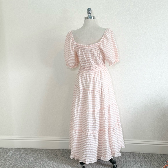 Moon River Puff Sleeve Tiered Peach Stripe Maxi Dress Women's Sz Small W/ Lining - Picture 2 of 5